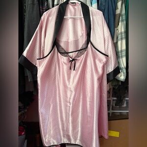 Women's Pink Satin Nightgown and Robe with Black Trim - Lace Accent